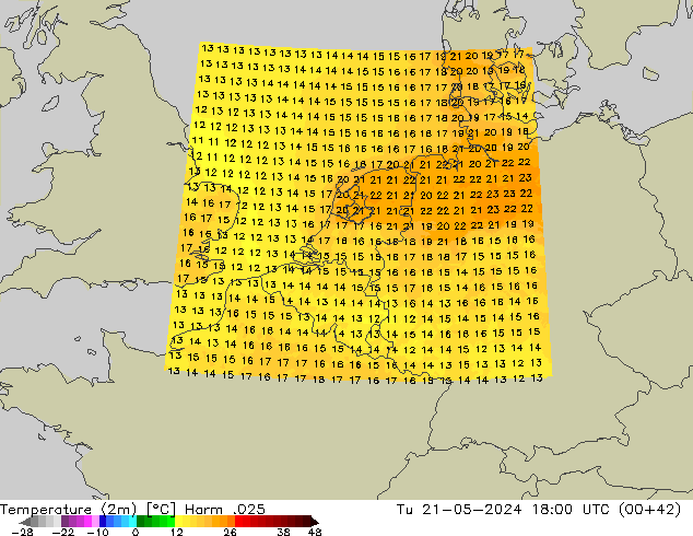 Temperature (2m) Harm .025 Út 21.05.2024 18 UTC