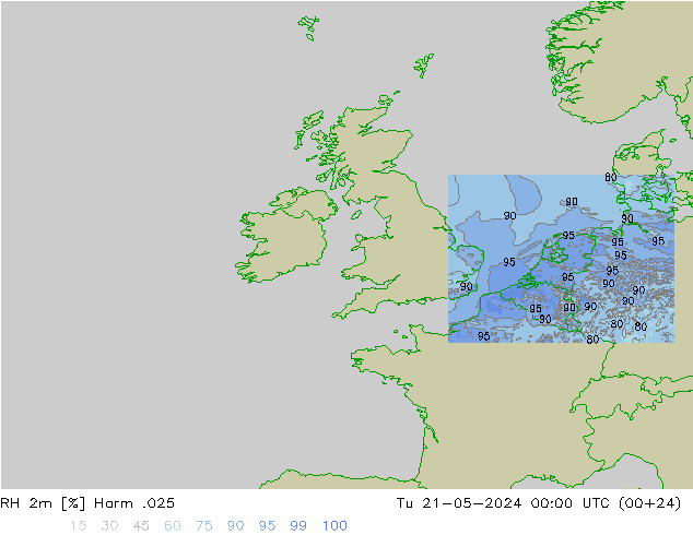 Humidité rel. 2m Harm .025 mar 21.05.2024 00 UTC