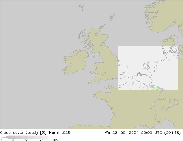 Cloud cover (total) Harm .025 We 22.05.2024 00 UTC