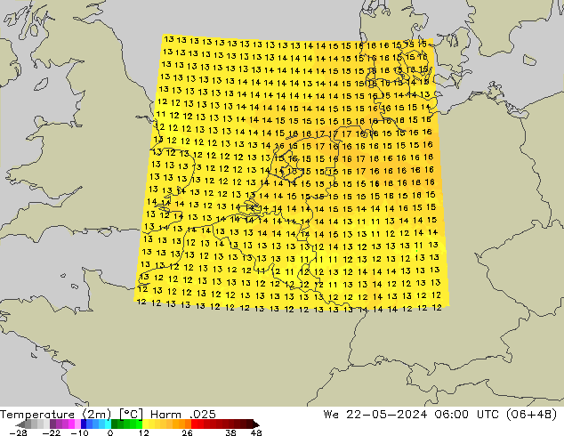 mapa temperatury (2m) Harm .025 śro. 22.05.2024 06 UTC