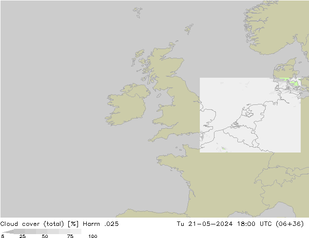 Cloud cover (total) Harm .025 Tu 21.05.2024 18 UTC