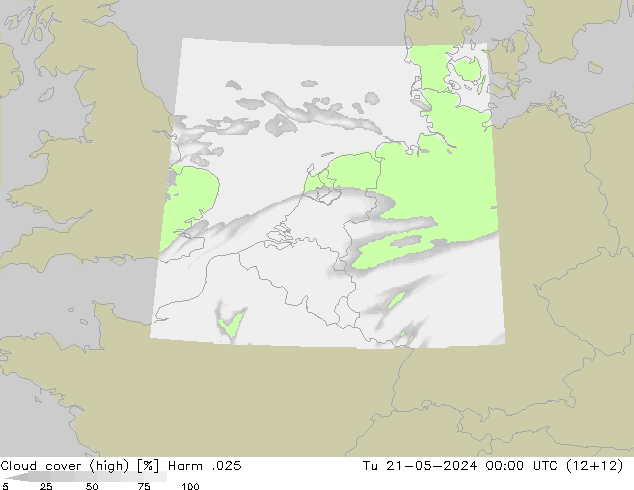 Cloud cover (high) Harm .025 Tu 21.05.2024 00 UTC