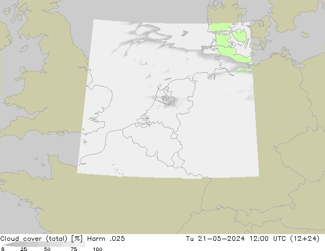 Cloud cover (total) Harm .025 Tu 21.05.2024 12 UTC