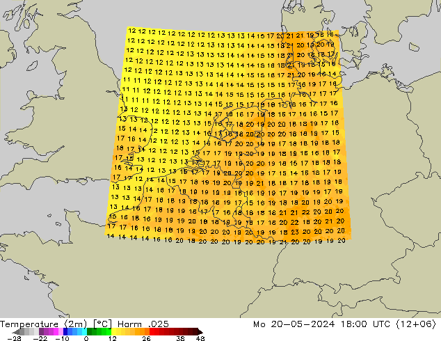 Temperaturkarte (2m) Harm .025 Mo 20.05.2024 18 UTC