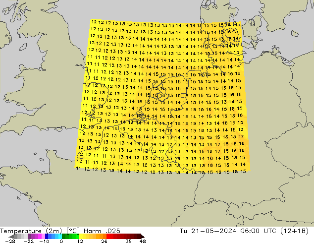 Temperatuurkaart (2m) Harm .025 di 21.05.2024 06 UTC
