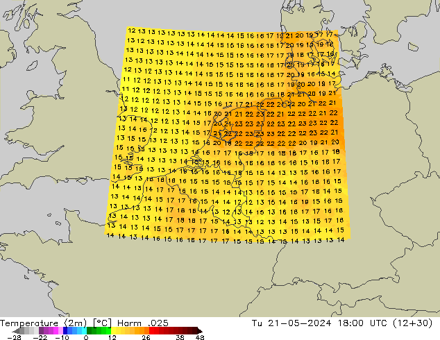 Temperature (2m) Harm .025 Tu 21.05.2024 18 UTC