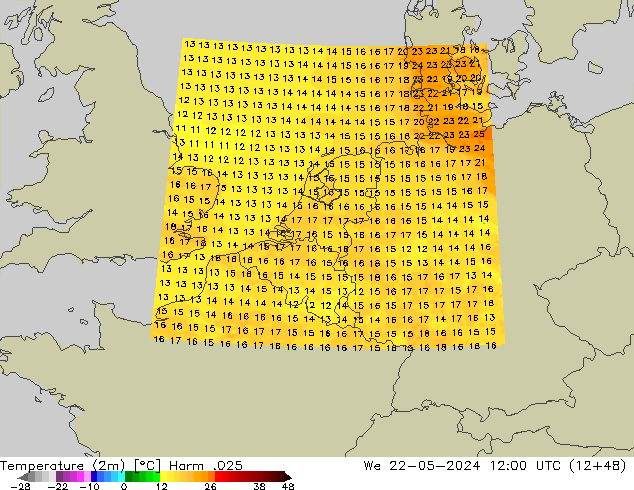 Temperaturkarte (2m) Harm .025 Mi 22.05.2024 12 UTC