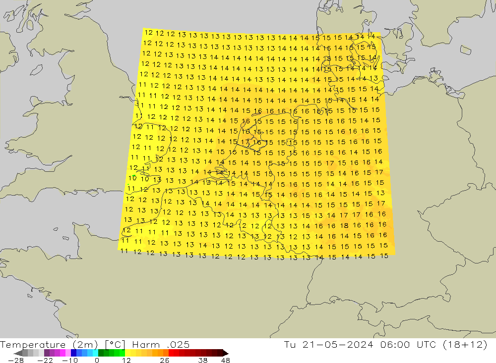 mapa temperatury (2m) Harm .025 wto. 21.05.2024 06 UTC