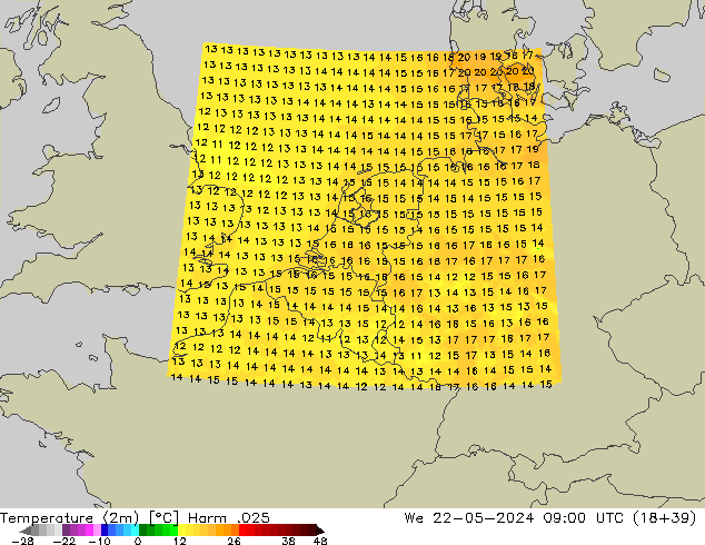 Temperatura (2m) Harm .025 Qua 22.05.2024 09 UTC