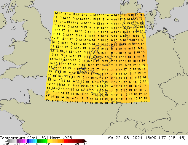 Temperaturkarte (2m) Harm .025 Mi 22.05.2024 18 UTC
