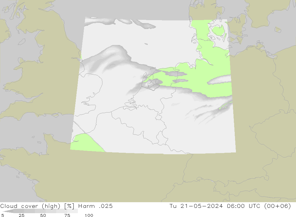 Cloud cover (high) Harm .025 Tu 21.05.2024 06 UTC