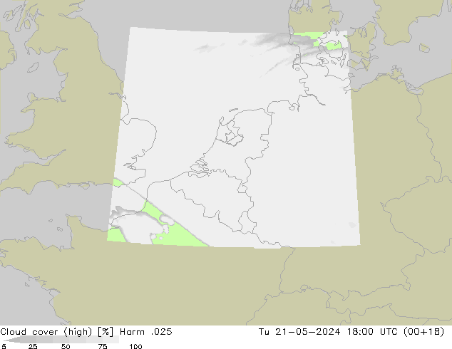 Cloud cover (high) Harm .025 Tu 21.05.2024 18 UTC