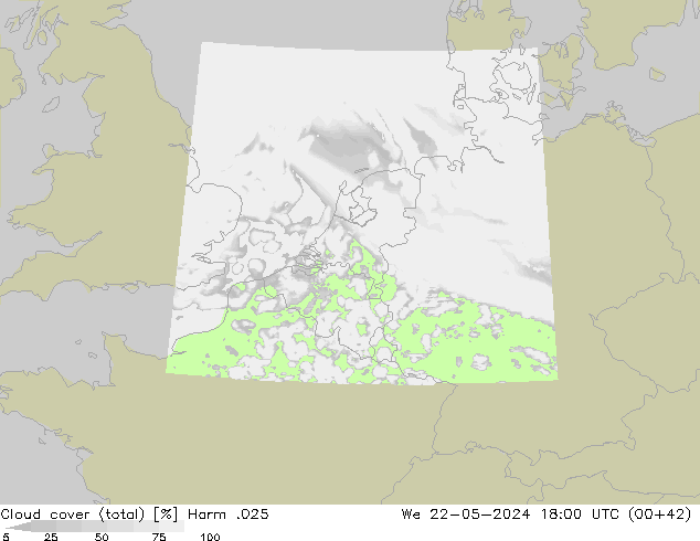Cloud cover (total) Harm .025 We 22.05.2024 18 UTC
