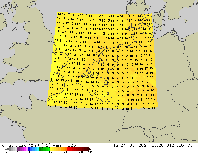 Temperatura (2m) Harm .025 Ter 21.05.2024 06 UTC