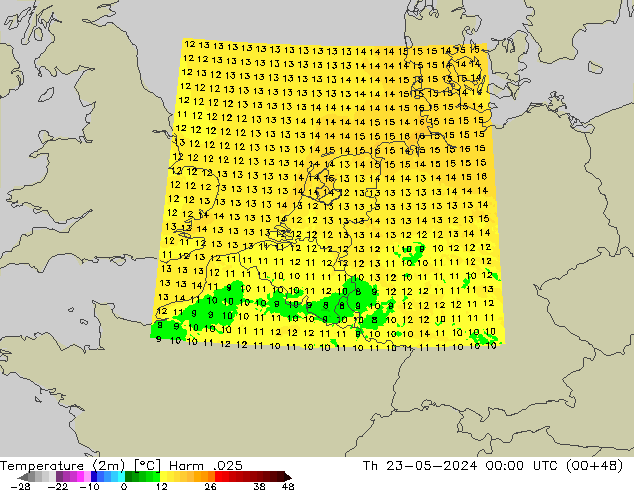 Temperatuurkaart (2m) Harm .025 do 23.05.2024 00 UTC