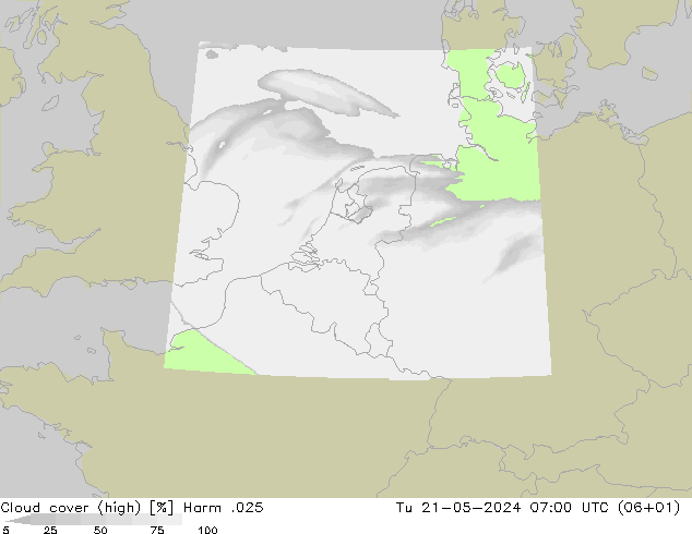 Cloud cover (high) Harm .025 Tu 21.05.2024 07 UTC