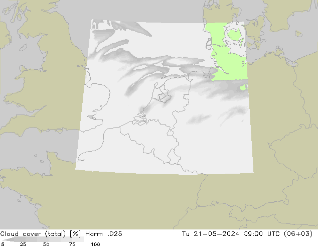 Cloud cover (total) Harm .025 Tu 21.05.2024 09 UTC