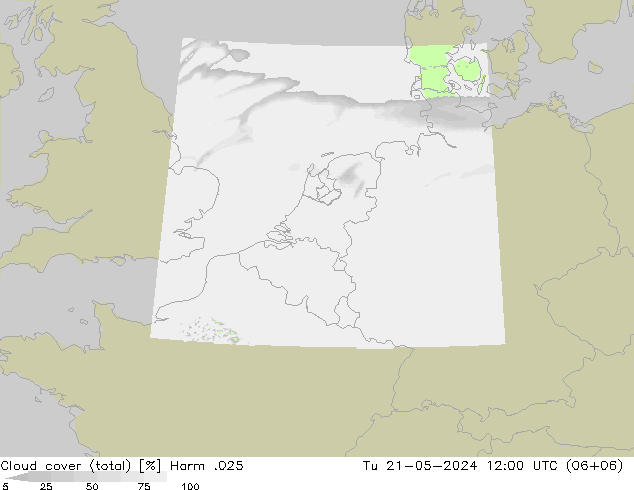 Cloud cover (total) Harm .025 Tu 21.05.2024 12 UTC