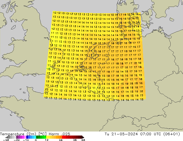 Temperature (2m) Harm .025 Tu 21.05.2024 07 UTC