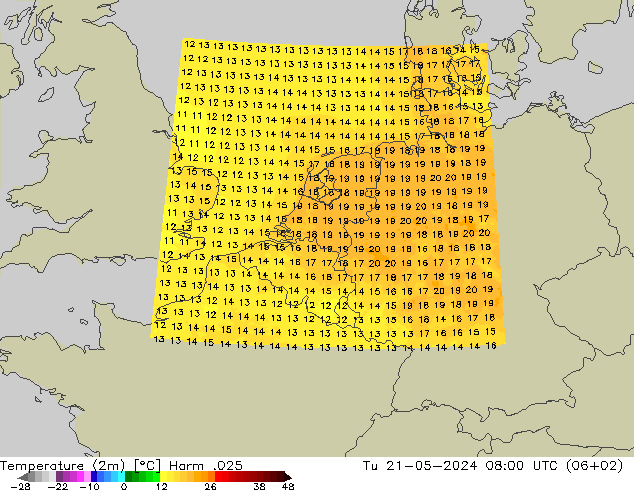 Temperature (2m) Harm .025 Tu 21.05.2024 08 UTC