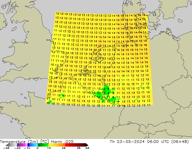mapa temperatury (2m) Harm .025 czw. 23.05.2024 06 UTC