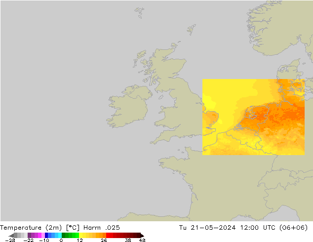 Temperatuurkaart (2m) Harm .025 di 21.05.2024 12 UTC