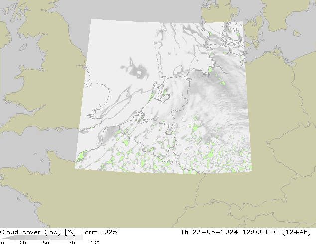 Cloud cover (low) Harm .025 Th 23.05.2024 12 UTC