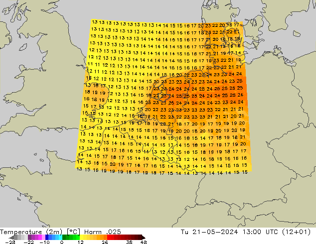 Temperature (2m) Harm .025 Tu 21.05.2024 13 UTC