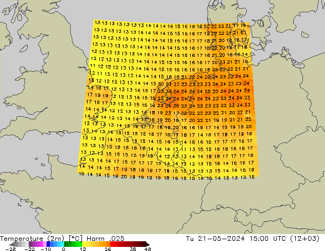 Temperaturkarte (2m) Harm .025 Di 21.05.2024 15 UTC