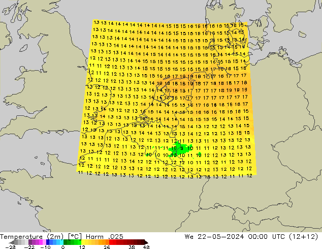Temperatura (2m) Harm .025 mer 22.05.2024 00 UTC
