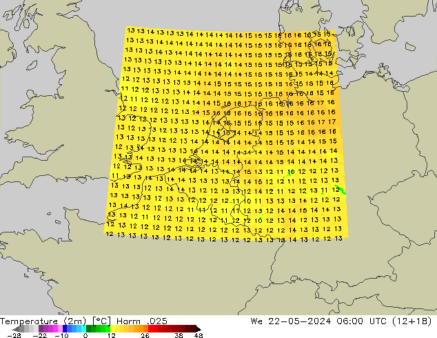 Sıcaklık Haritası (2m) Harm .025 Çar 22.05.2024 06 UTC