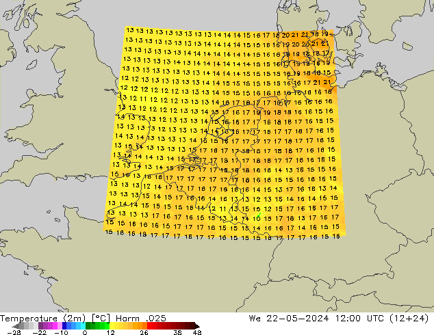 Temperatura (2m) Harm .025 mer 22.05.2024 12 UTC