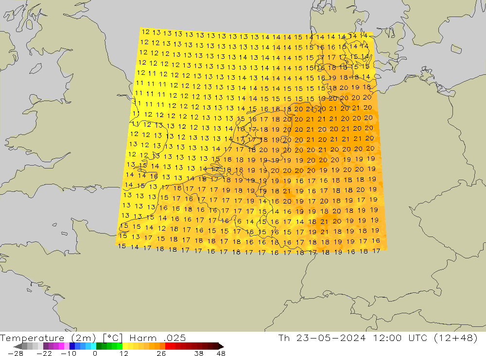 Temperaturkarte (2m) Harm .025 Do 23.05.2024 12 UTC
