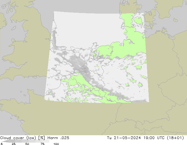 Cloud cover (low) Harm .025 Tu 21.05.2024 19 UTC