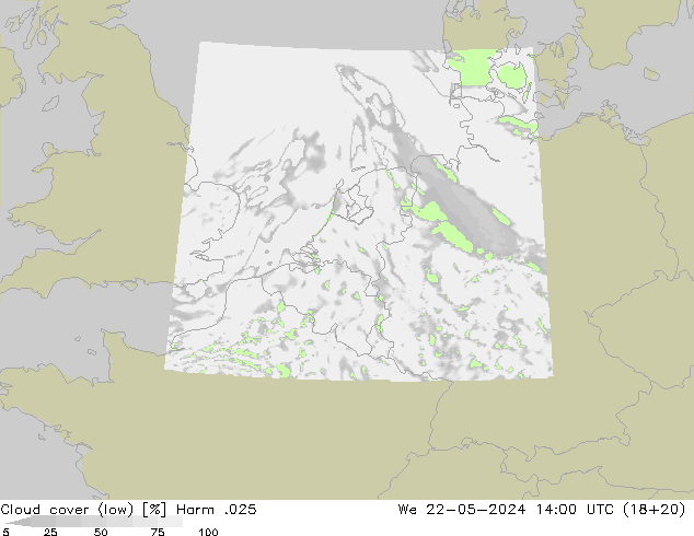 Cloud cover (low) Harm .025 We 22.05.2024 14 UTC