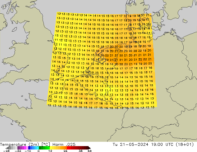 Temperature (2m) Harm .025 Út 21.05.2024 19 UTC