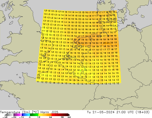 Temperature (2m) Harm .025 Tu 21.05.2024 21 UTC