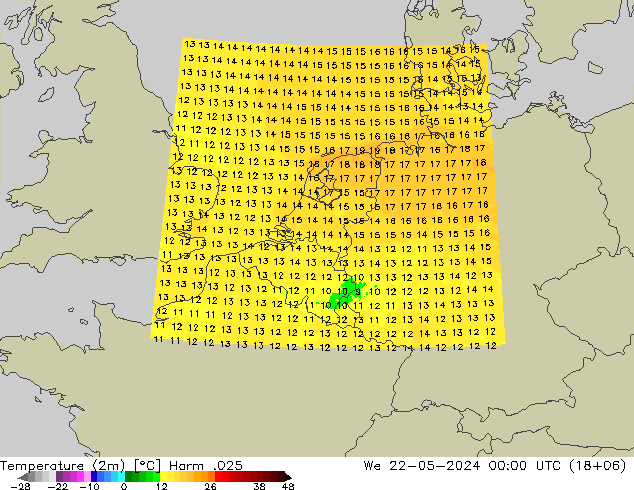 Temperatuurkaart (2m) Harm .025 wo 22.05.2024 00 UTC