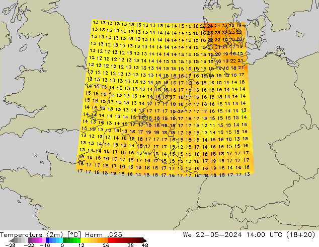 Temperaturkarte (2m) Harm .025 Mi 22.05.2024 14 UTC