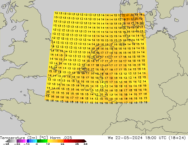 Temperatura (2m) Harm .025 mer 22.05.2024 18 UTC
