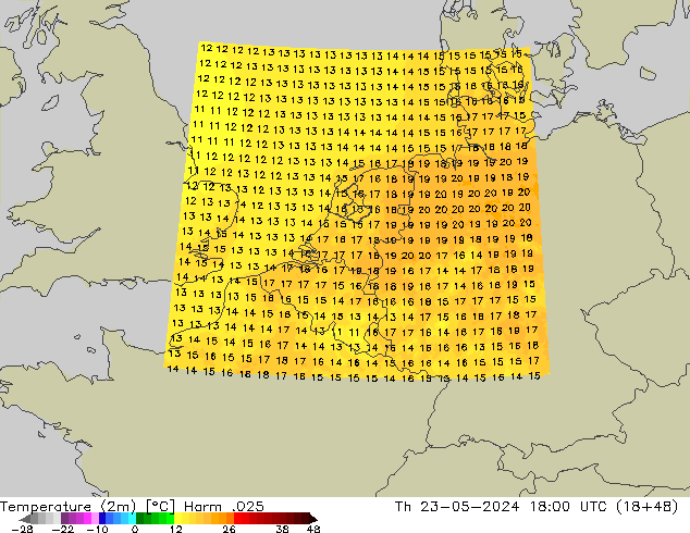 Temperatura (2m) Harm .025 gio 23.05.2024 18 UTC