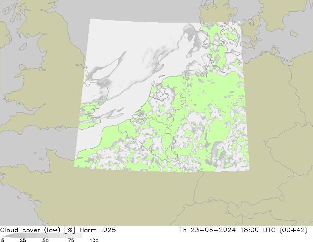 Cloud cover (low) Harm .025 Th 23.05.2024 18 UTC
