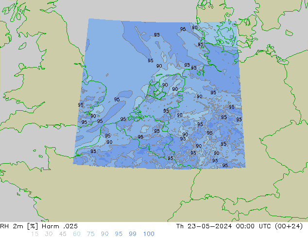 RH 2m Harm .025 星期四 23.05.2024 00 UTC