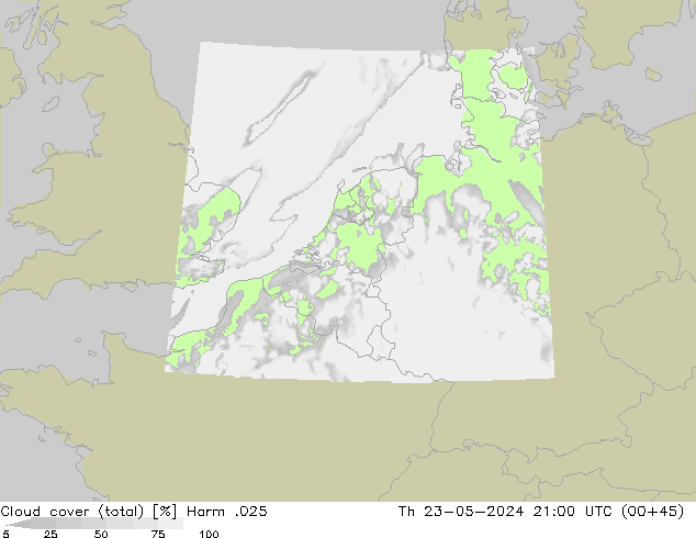 Cloud cover (total) Harm .025 Th 23.05.2024 21 UTC