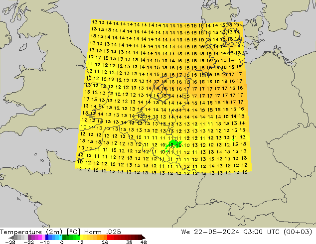 Temperature (2m) Harm .025 St 22.05.2024 03 UTC