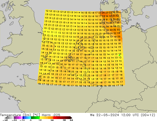 Temperaturkarte (2m) Harm .025 Mi 22.05.2024 12 UTC