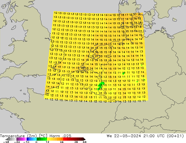 Temperaturkarte (2m) Harm .025 Mi 22.05.2024 21 UTC