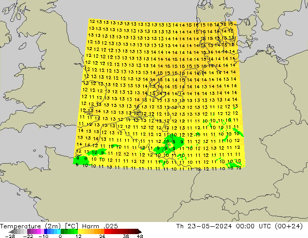 Temperaturkarte (2m) Harm .025 Do 23.05.2024 00 UTC