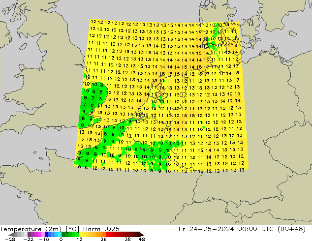 Temperature (2m) Harm .025 Fr 24.05.2024 00 UTC