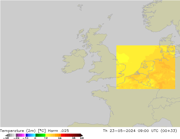 Temperatuurkaart (2m) Harm .025 do 23.05.2024 09 UTC